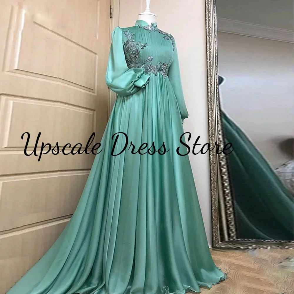 

Green Moroccan Evening Dresses with Puffy Sleeve Bead A Line Muslim Prom Gown Pleat Caftan Womens Formal Robes De Soirée