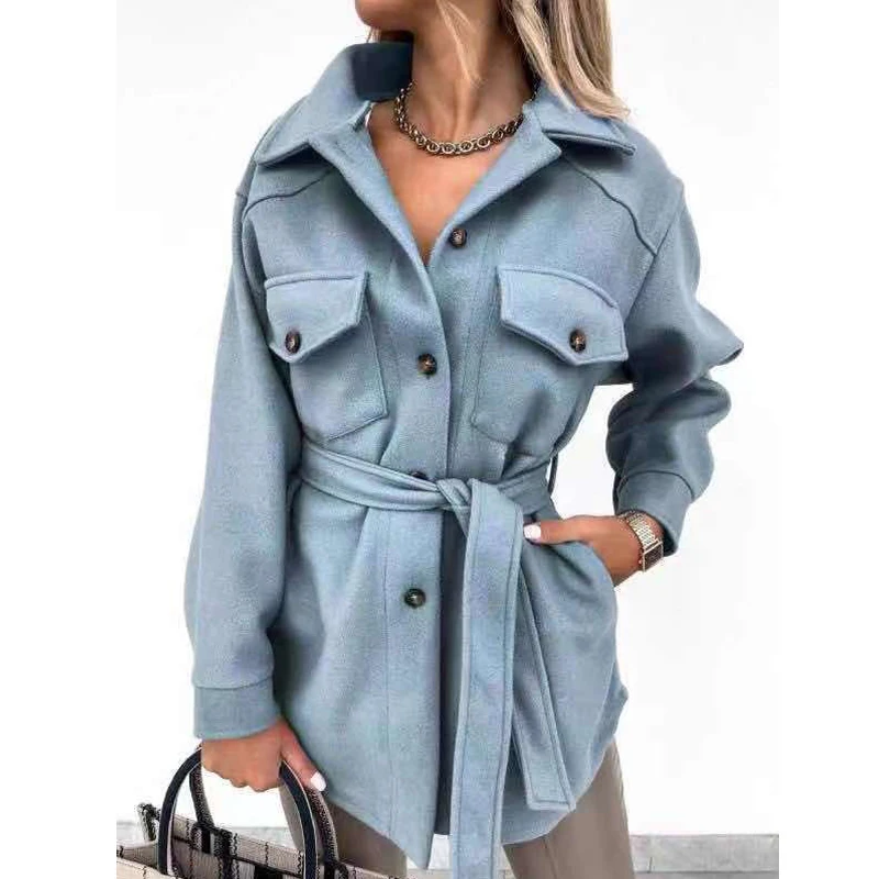 2023 Autumn and Winter Women Fashion Bandage Single Breasted Woolen Coat Ladies Elegant Long Sleeve Solid Loose Outewear Jacket