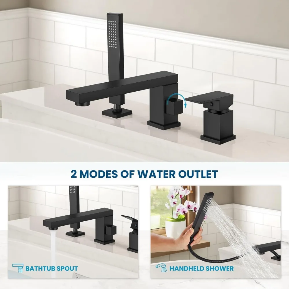 Bath Faucet with Handheld Shower 3 Hole Deck Mounted Bath Faucet Set Extensive Single Handle Bath Filler Honeycomb Stream 6