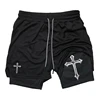 Men's cross printed 2-in-1 training shorts with compression lining, Christian gym sports shorts, phone pocket, towel buckle, run 2
