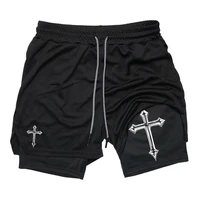 Men's cross printed 2-in-1 training shorts with compression lining, Christian gym sports shorts, phone pocket, towel buckle, run 2