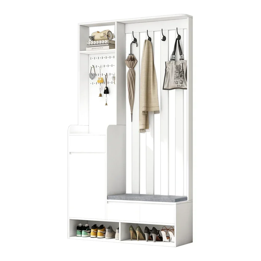 Kleidungsset mit Bank, multifunktionale Aufbewahrungsbank, offener Stauraum, 6 goldene Haken und Füße, geeignet für Flur, Wohnzimmer, Schwarz – Detail 28