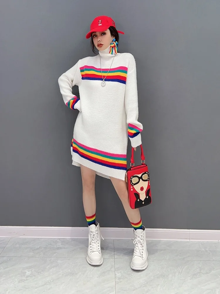 QING MO 2023 Spring Summer New Korean Fashion Trend High Neck Knitted Dress  Slim Women's Sweater ZXF449