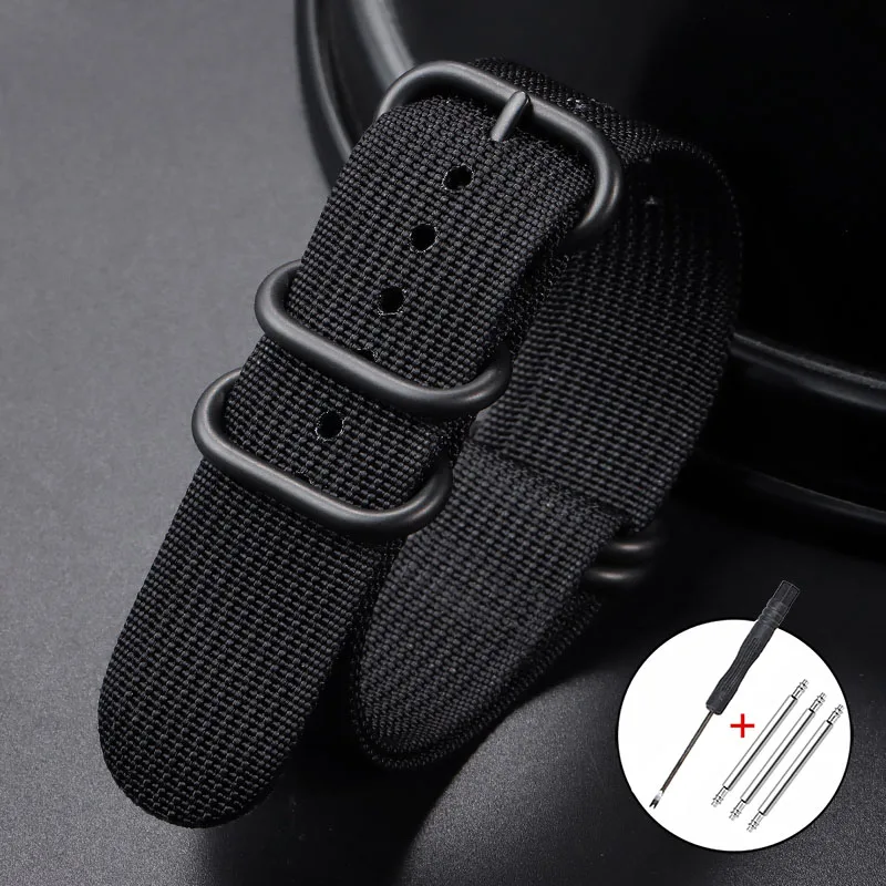 Ribbed Nylon Watch Strap with Black Buckle - Military Style Bracelet