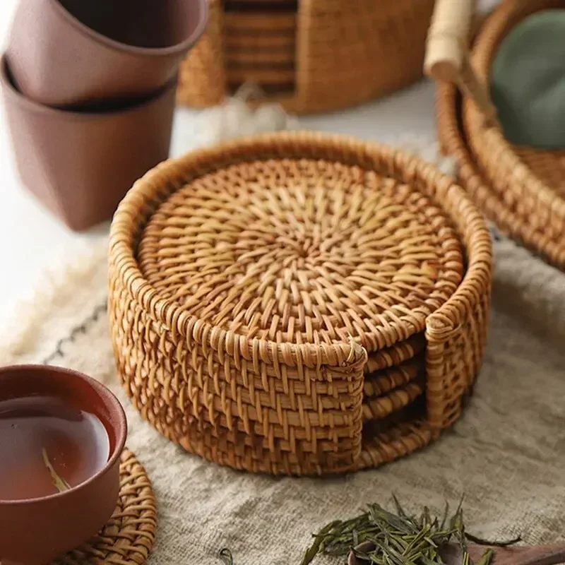 6Pcs Japan Style Sado Supplies Rattan Coasters Tableware Mats Handmade Tea Ceremony Tableware Set INS Style Desktop Decorations