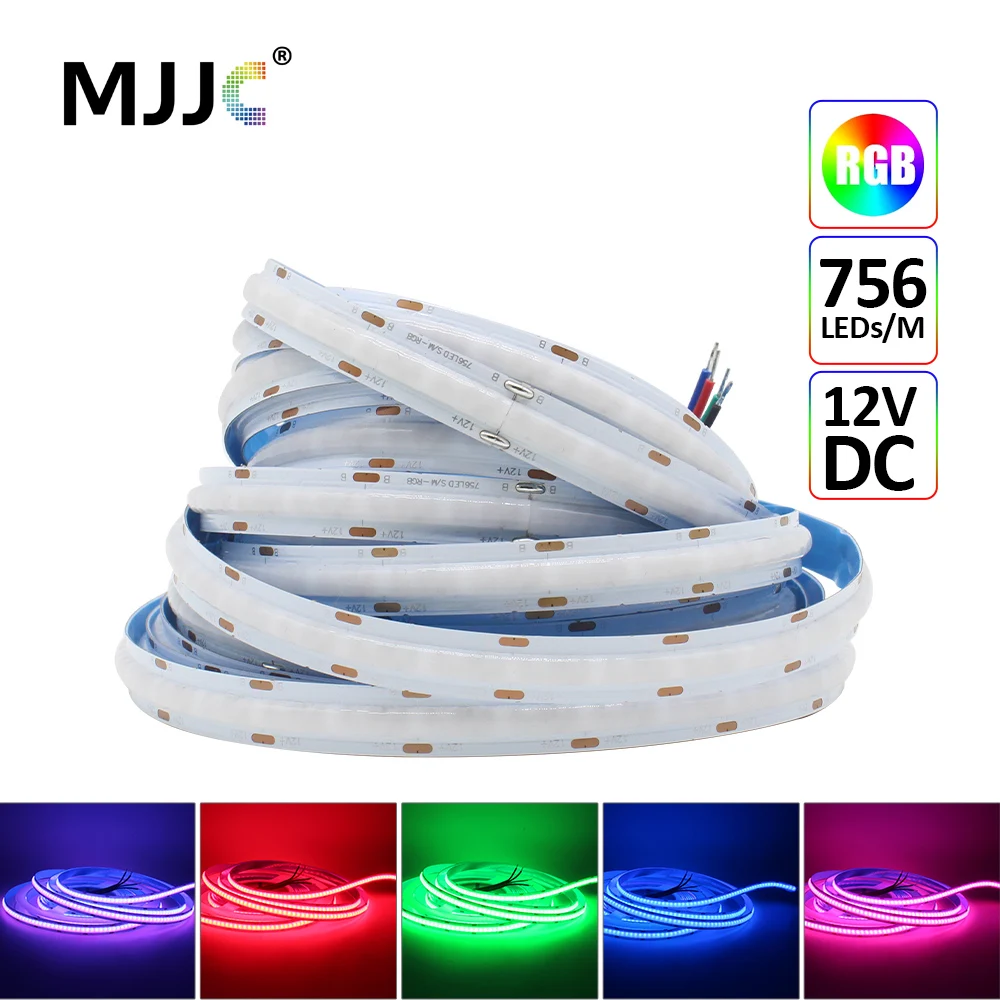 COB RGB LED Strips 12V DC 756LEDs 1M 2M 3M 4M 5M High Density Flexible FOB Tape Ribbon Lights for Room Decoration Lighting Lamp 5m lot rgb cob led strip light 12v 756leds m 24v 768 leds m fcob atmosphere colorful lamp flexible lights tape 10mm white pcb