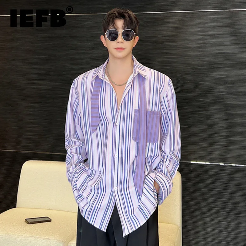

IEFB Men's Stripe Shirts Stylish Casual Tops Ribbon Long Sleeve Lapel Single Breasted 2023 New Korean Style Clothing 9A8784