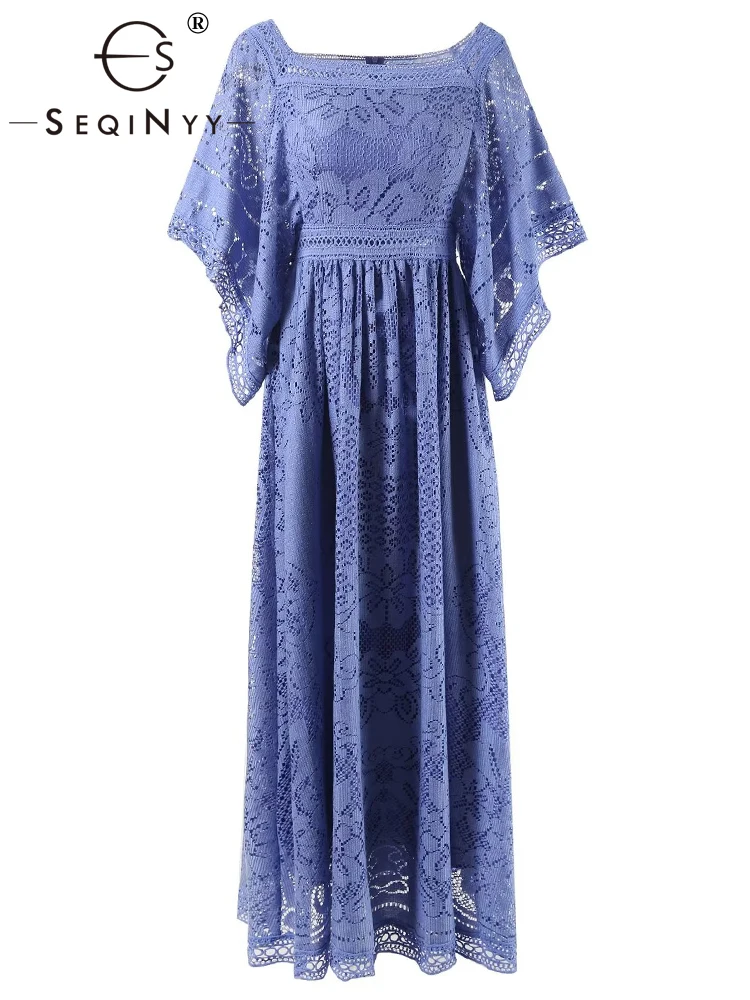 

SEQINYY Elegant Midi Dress Summer Spring New Fashion Design Women Runway Flare Sleeve Lace Flowers Hollow Out A-Line Casual