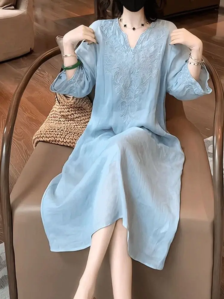 knee length dresses for ladies Modernized Chinese Dress with A Loose Fit V-Neck and Silk-Linen Blue / XXL main image 0