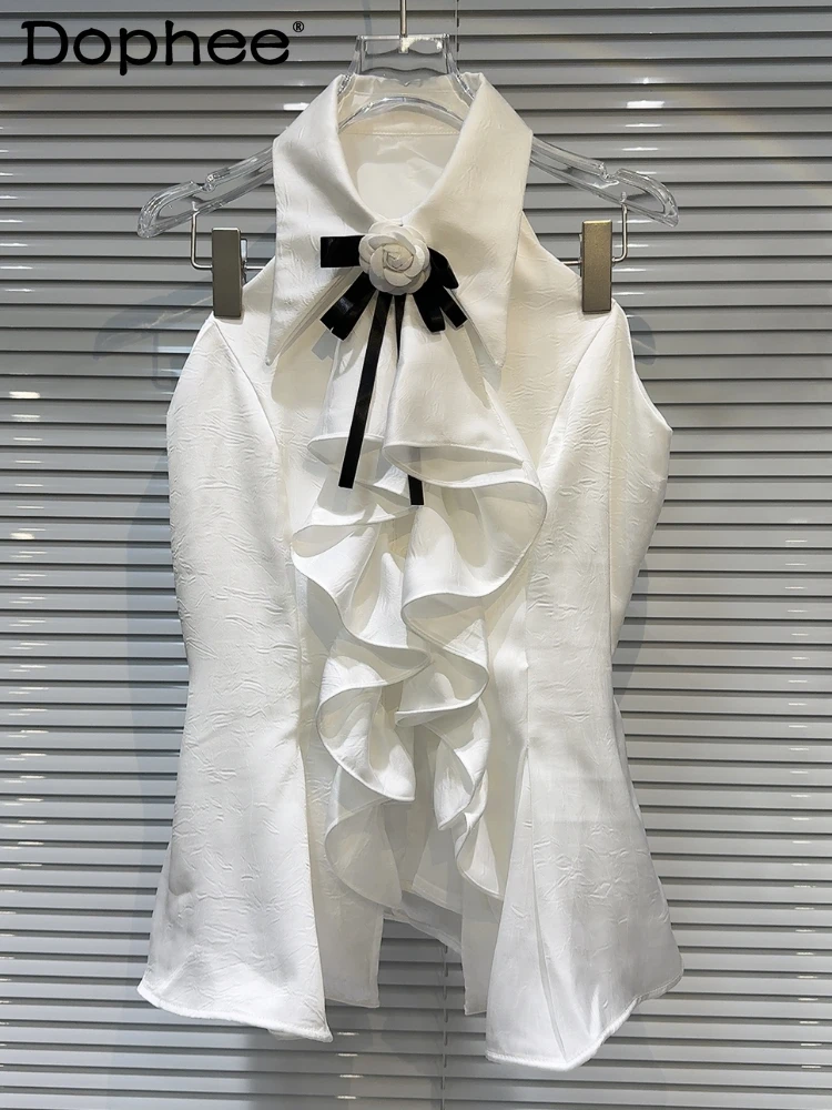

Retro French Elegant Sweet Lady Corsage Ruffled Sleeveless Shirt Tops 2024 Summer New Halter Shirt Collar Vest for Women