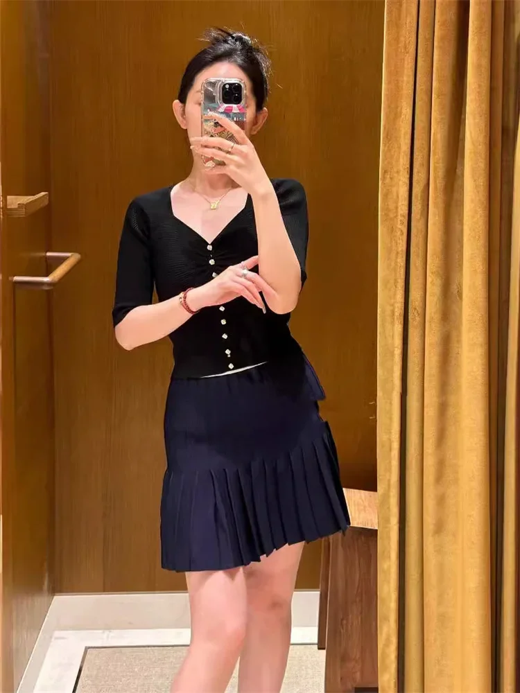 

Женский свитер в рубчик с V-образным вырезом, облегающий изысканный цветочный кардиган на пуговицах с коротким рукавом, лето 2024