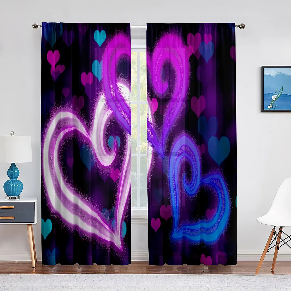 

Romantic Purple Hearts Tulle Curtains for Valentine'S Day Living Room Bedroom Chiffon Sheer Voile Curtain Kitchen Window Drapes