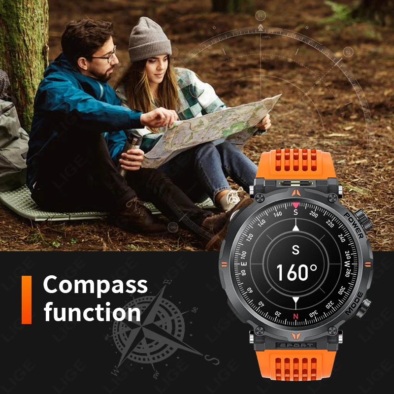 LIGE 2025 Military Smartwatch Men IP68 Bluetooth Call Outdoor Sports Fitness Track 600Mah LED Light Smartwatch For Android IOS
