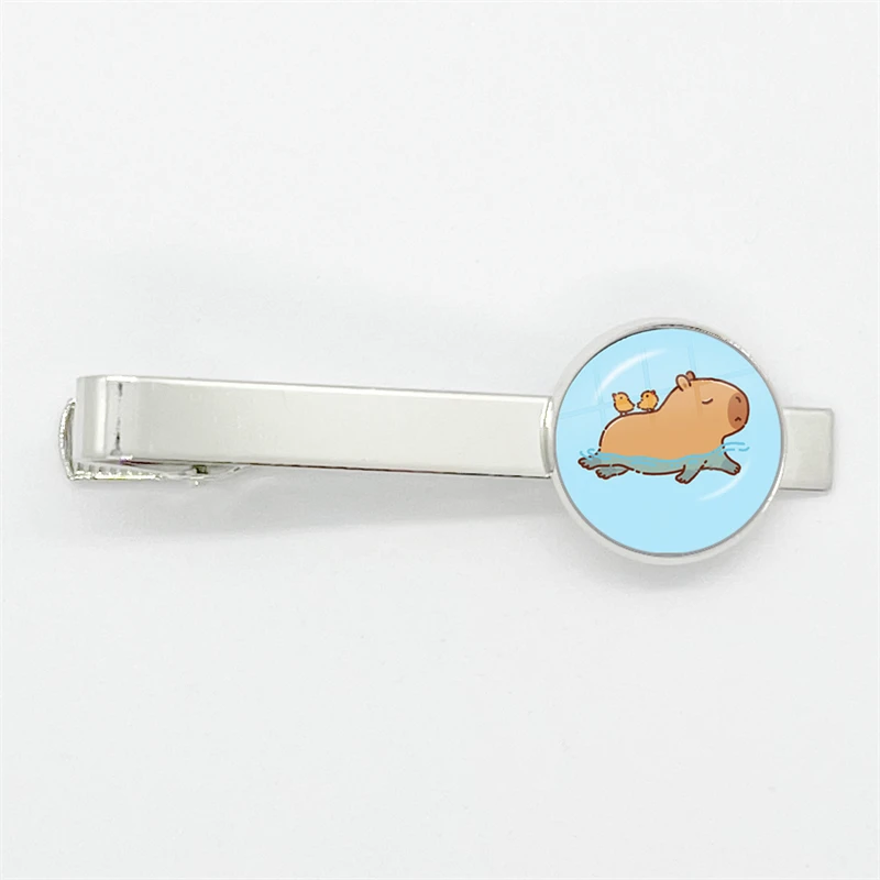 

Men Fashion Capybara swimming Cartoon Tie Clips Glass Dome High Quality Clip Round Handmade Jewelry Glass Gem Clips Gift