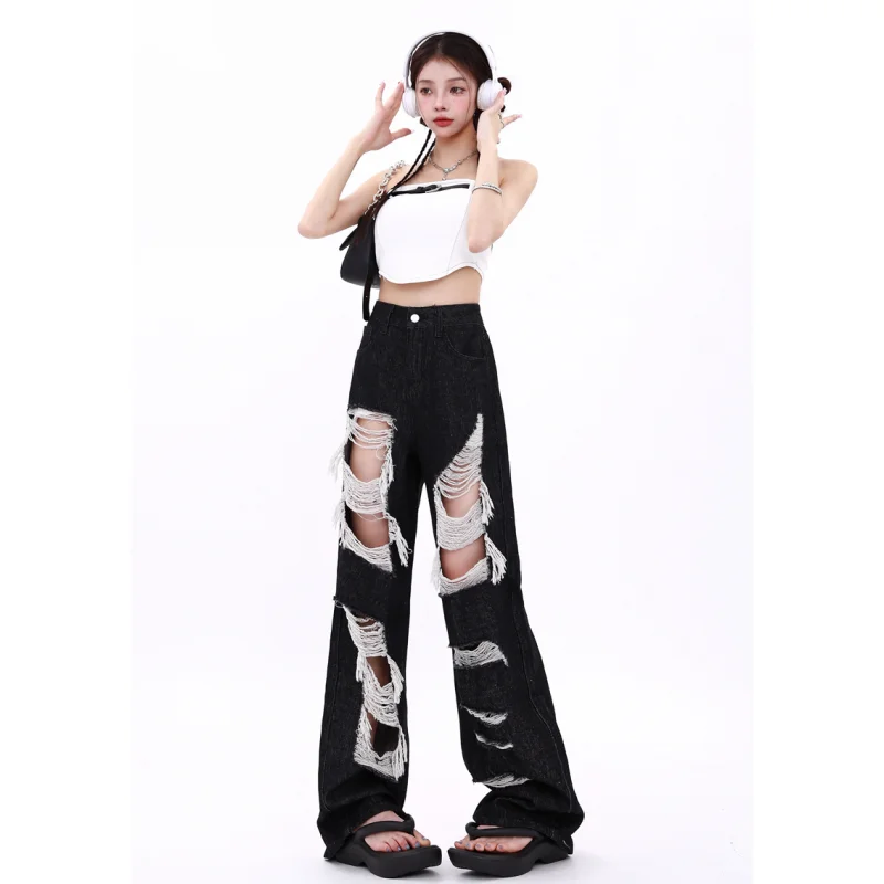 

Women Black Jeans Streetwear High Waist American Street Wide Leg Pants Fashion Worn-out Vintage Female Autumn Straight Trousers