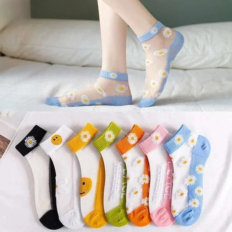 5 Pairs Daisy Pattern Socks Soft & Lightweight Mesh Short Socks Women's Stockings & Hosiery Glass Fiber Daisy Flower Cute Style