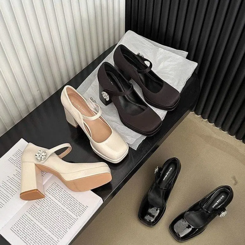 2024 NEW Design Buckle Pumps Thick Heels HIgh Heels for Lady Shoes Platform Waterprof Punk Shoes Footwear Square Heel Fashion