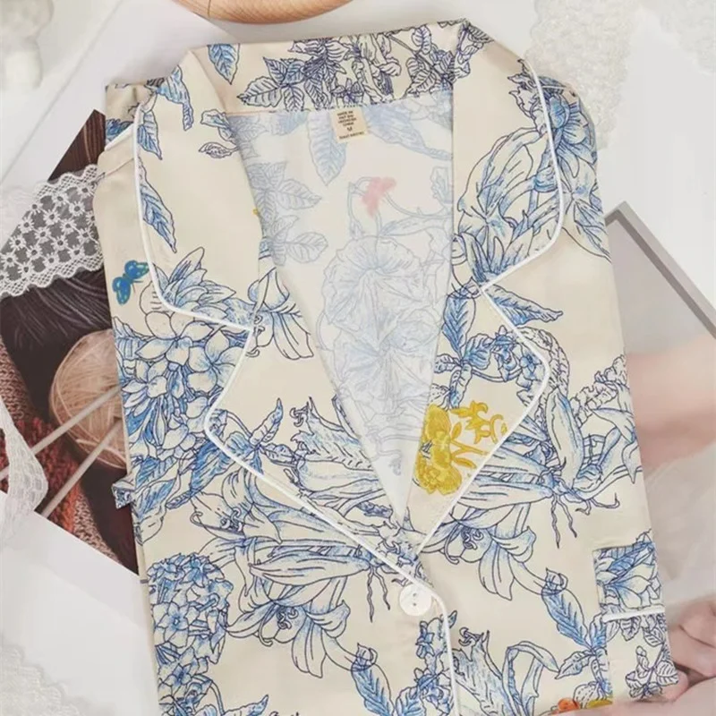 

Womens Sateen Pyjama Set Luxury Floral Satin Pyjamas Long PJ Set Spring New Silk Pijamas Womens Sleep Lounge Wear Dropshipping