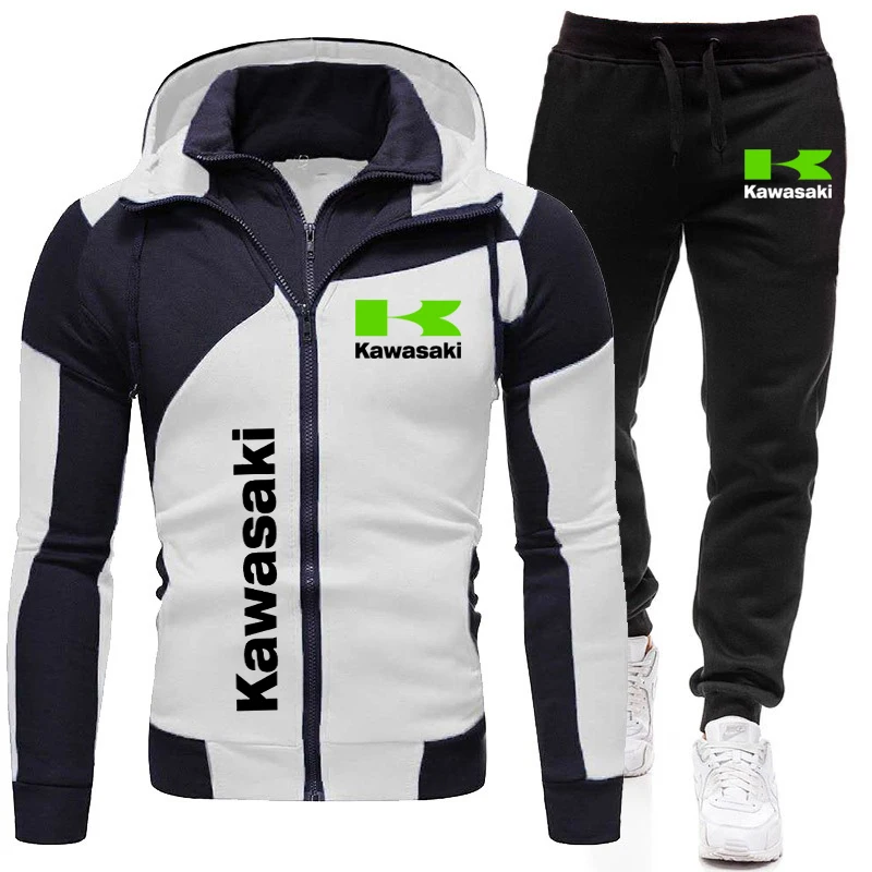 Kawasaki Logo Motorcycle Racing Team Men Zip Up Hoodie Pant Sets 2025 Fashion Male Zipper Sweatshirt Pants Suit Sport Coat Set 3