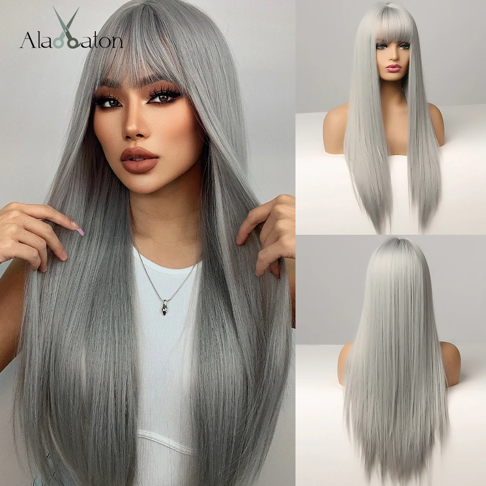 ALAN EATON-Peluca de cabello liso mujer y niña, cabellera artificial Largo de seda Natural con flequillo, color gris plateado, fibra resistente al calor - AliExpress Extensiones de cabello y pelucas