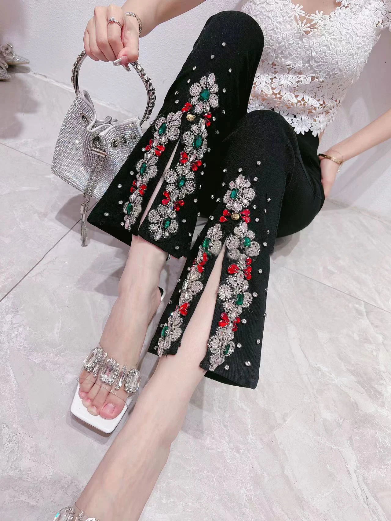 

Sweet Colorful Diamond High Waist Slimming Slit Bell-Bottom Pants Women Slim Fit Black Leggings 2022 Autumn Winter New Trousers
