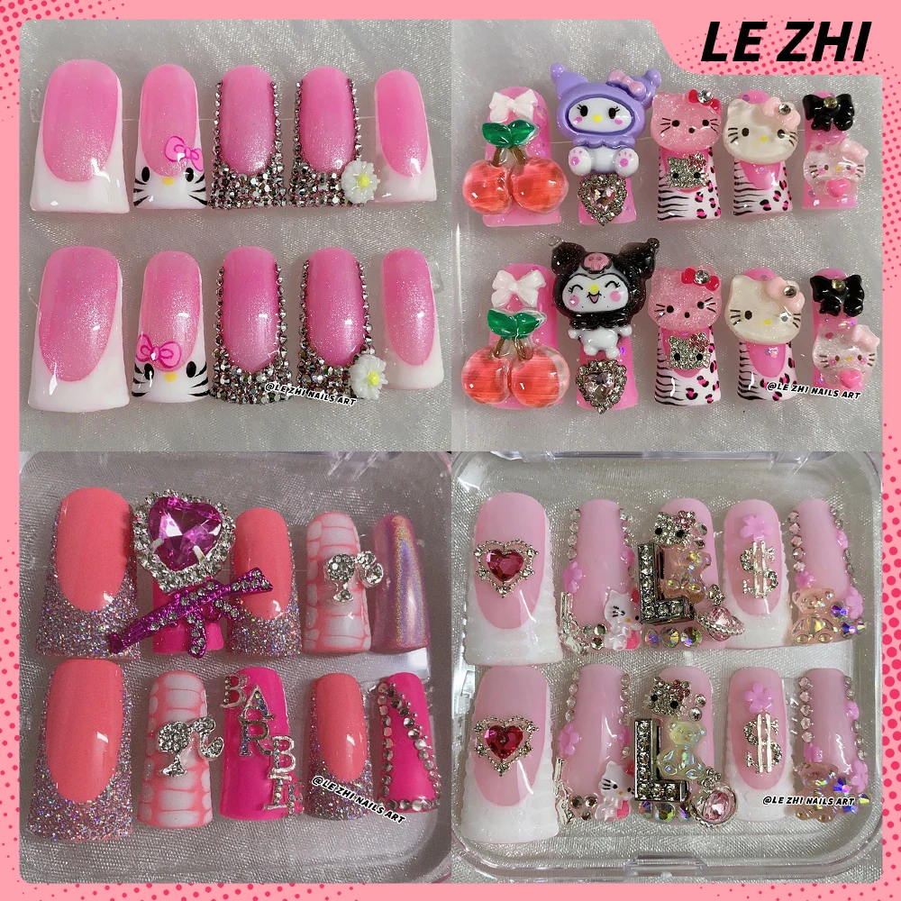 

High-end Handmade Hello Kitty Barbie Press on Nails Art Pink French Duck Web Diamond Creative Gothic Customize Fake Nail Sticker
