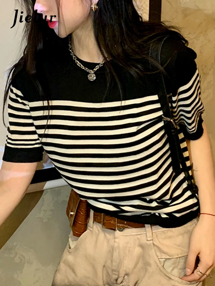 

Jielur Spell Color Apricot Black Striped Women's T-shirts Short Sleeve Korean Basic Top Summer 2022 Knitted T-Shirt Female