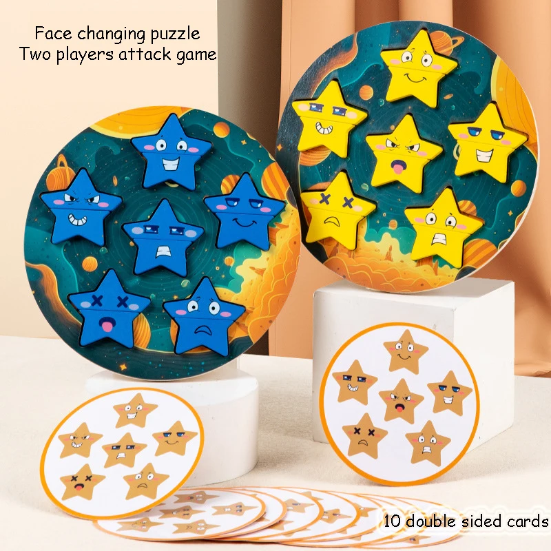 Star Expression Matching Puzzles Montessori Toys Social Board Games Emotion Puzzles Face Change Educational Wooden Toys for Kids 3