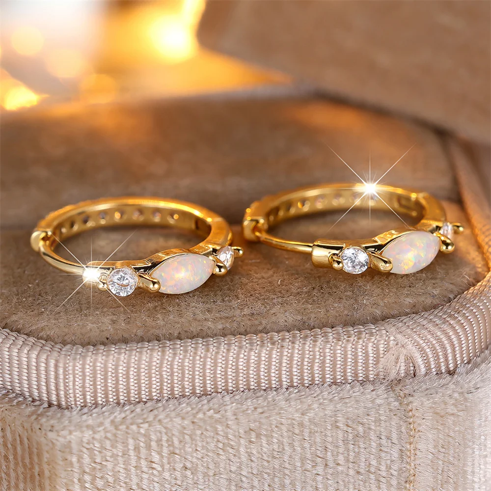 Marquise Stone White Opal Round Hoop Earrings For Women Vintage Fashion Gold Color Ear Buckle Wedding Jewelry Mother's Day Gifts