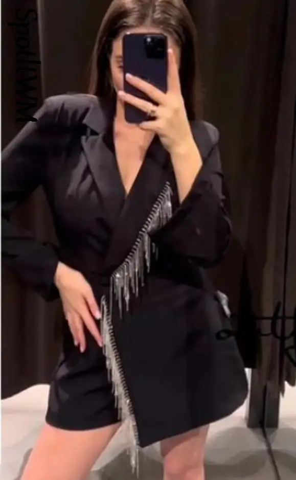 

Women Fashion Notched Collar Diamond Tassel Blazer Elegant Lapel Long Sleeve Suit Romper 2023 Spring Office Ladies Chic Jumpsuit