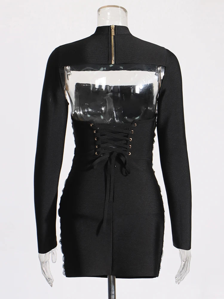 CHICEVER Sexy Two Piece Sets For Women Stand Collar Long Sleeve Tops Slim Spliced Diamonds Bandage Dress Hit Color Set Female