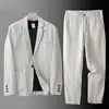 Spring Autumn Fashion Men Linen Two-piece Set Blazer Jacket + Pants Solid Slim Fit Casual Business Thin Clothing Breathable Suit 1