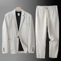 Spring Autumn Fashion Men Linen Two-piece Set Blazer Jacket + Pants Solid Slim Fit Casual Business Thin Clothing Breathable Suit 1