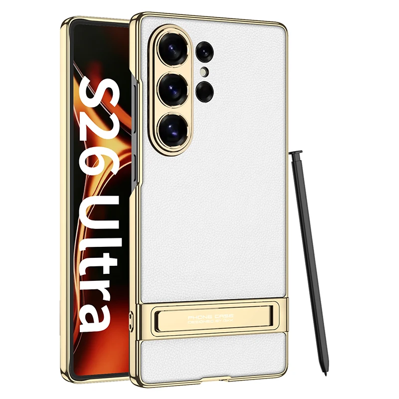 Luxury Plating Strap Kickstand Holder PU Leather Phone Case with PC Bracket Cover