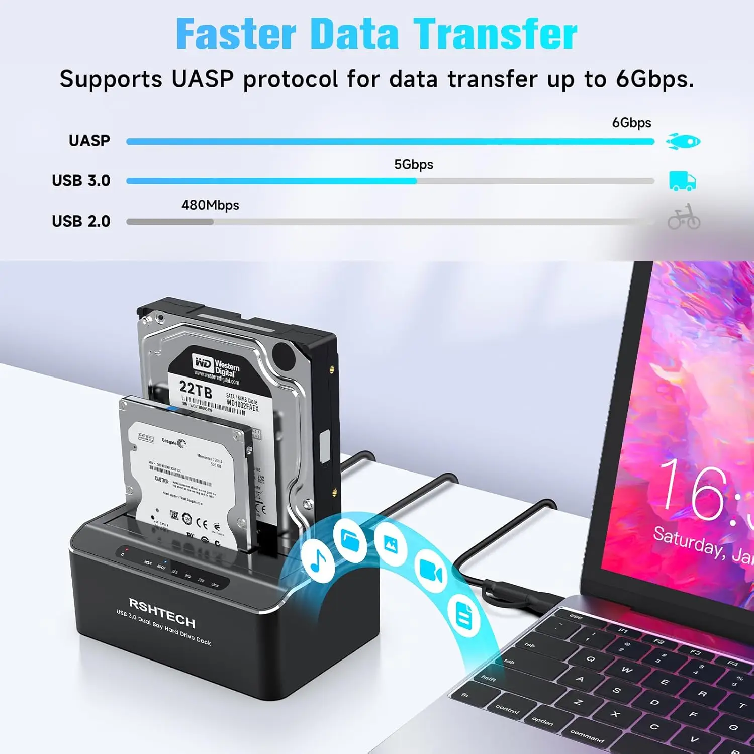 Hard Drive Docking Station Dual Bay Aluminum External 2.5 & 3.5 inch SATA HDD/SSD Enclosure
