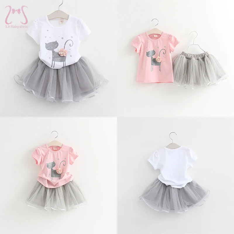 

2Pcs/Set Girls Casual Mesh Tutu Skirt Cartoon Cotton Short Sleeve T-shirt Children Clothes Suit Fashion Kids Costume 1 To 6 Y
