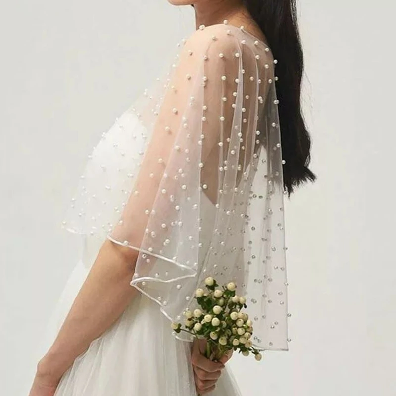 Womens Wedding Bridal Shawl Wrap Capelet See-Through Pearl Beads for Jacket Tulle Cape Bridesmaid Lace-Up