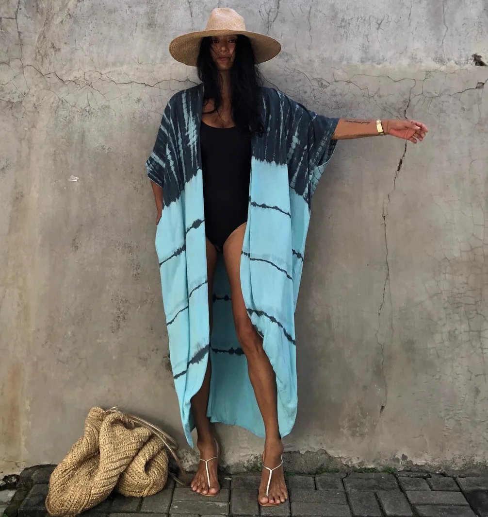 swim suit cover 2021 Bikini Cover-ups Black Retro Striped Self Belted Women Summer Kimono Dress Beach Wear Swim Suit Cover Up Long Swimsuits bikini cover up dress