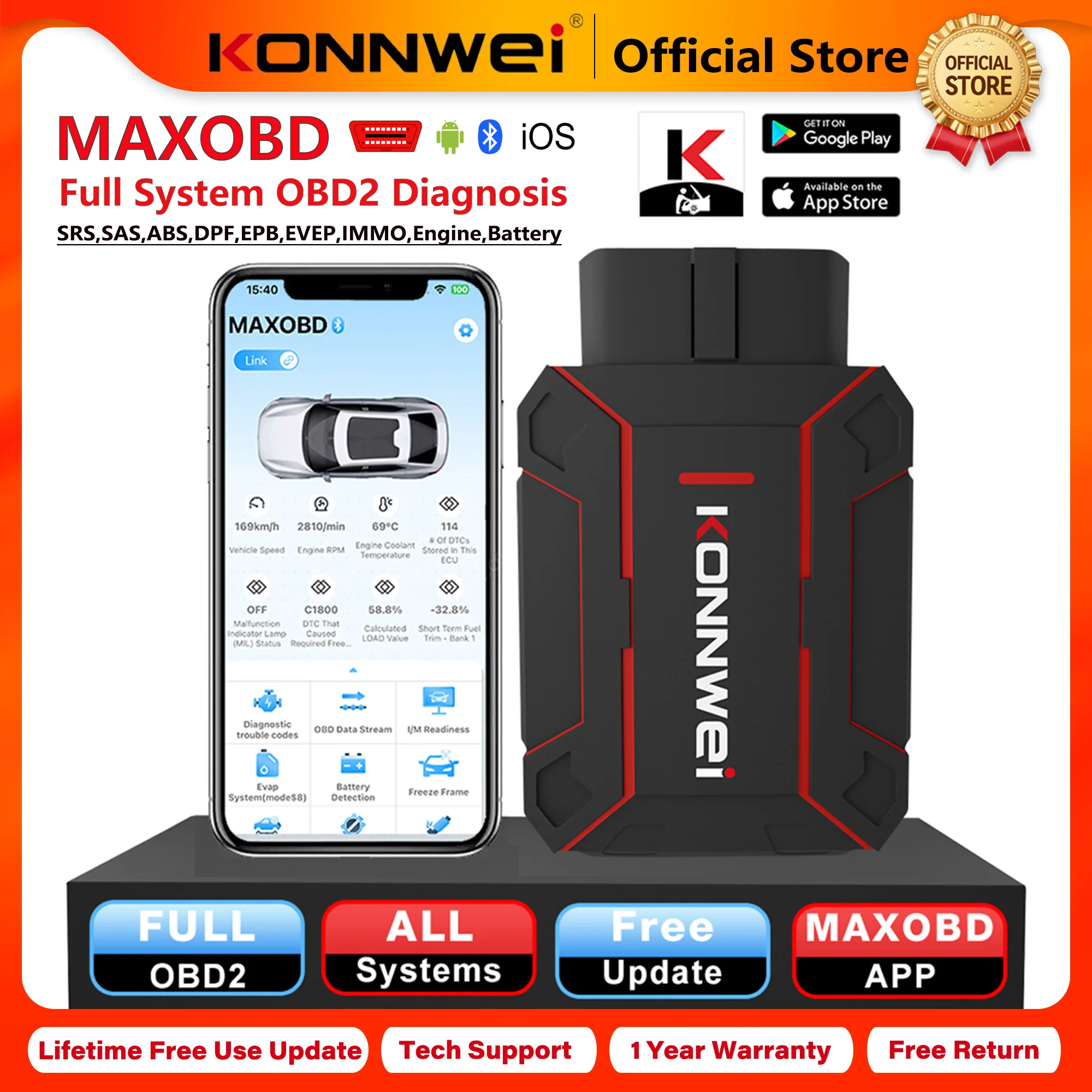 KONNWEI Full System Scanner MAXOBD, Professional Bluetooth 5.0 OBD2 Diagnostic Tool with ABS DPF EPB SAS SRS TPMS System Functions 2026