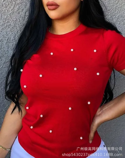 

2024 Summer New Women's T-Shirt Temperament Commuting Youthful Woman Clothes Bead Butterfly Decor Round Neck Casual Women Top