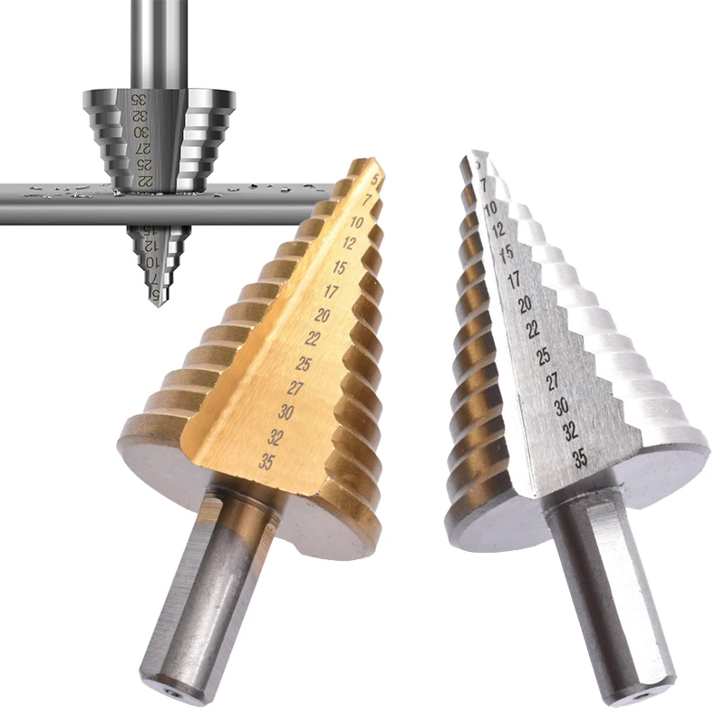 1pc 5-35mm Metal Wood  Drill Step Cone Drill Titanium Coated Straight Groove Hole Cutter HSS Triangle Round Shank Step Drill Bit