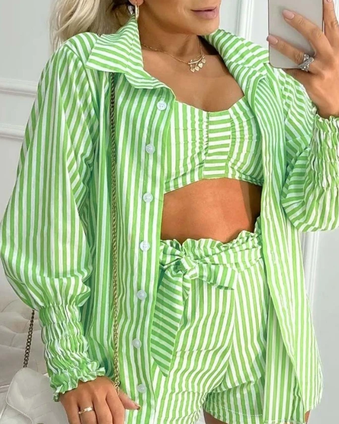 

Sexy Casual Womens 3 Piece Sets Elegant Striped Crop Top Tied Detail Shorts Set with Frill Hem Gigot Sleeve Coat 2024 Summer