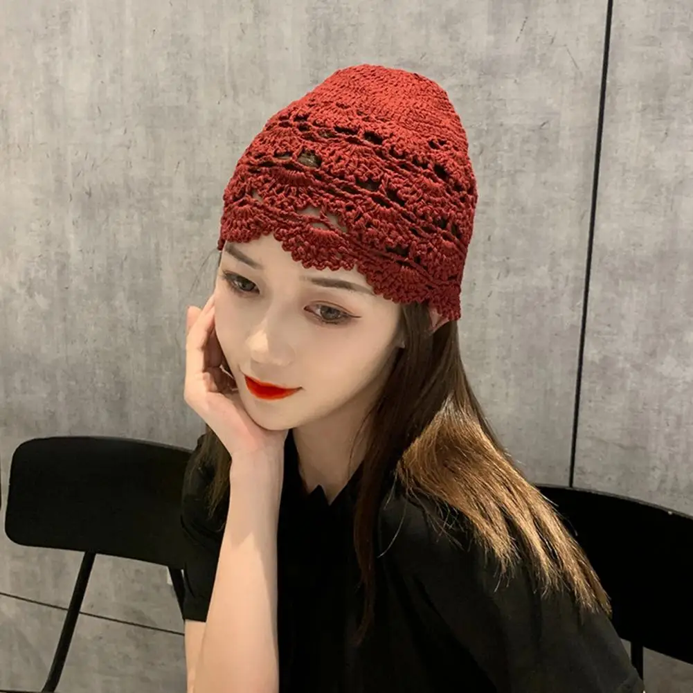 

Ladies Knit Hat Soft Crochet Lace Women's Beanie Breathable Anti-slip Decorative Hats for Ladies Knitted with Elasticity Solid