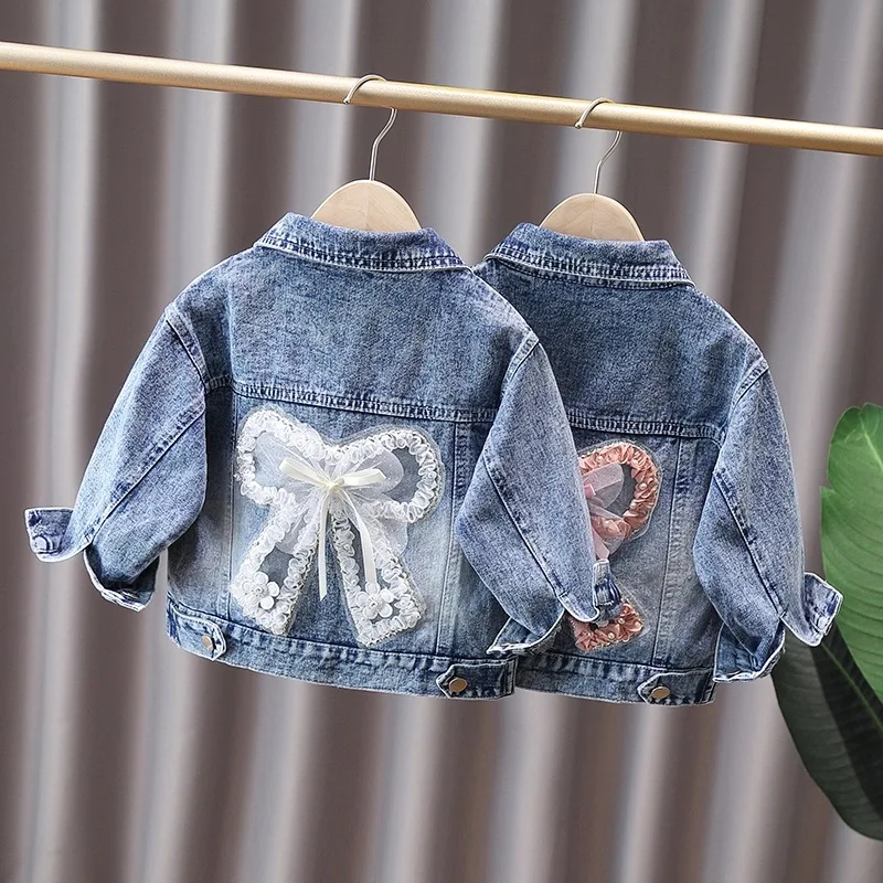 Girls' Denim Jacket with Cute Rabbit and Lace Bow Design