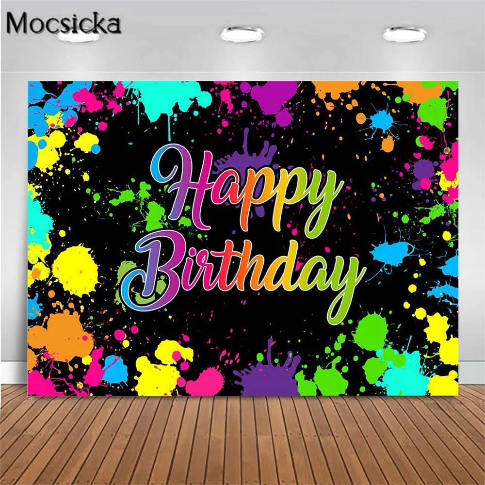 

Mocsicka Happy Birthday Backdrop Glow in the Dark Party Decor Neon Graffti Splash Photo Background 80's 90's Theme Banner Studio