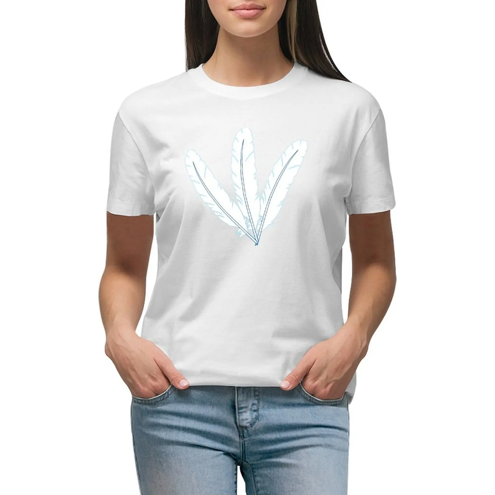

White Feathers on Beige T-shirt plus size tops hippie clothes summer top Summer Women's clothing