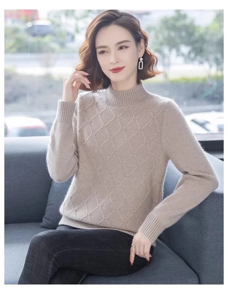 Lässiger einfarbiger Pullover mit halbem Stehkragen, modischer Herbst-Winter-Strick-Basispullover, warme Damen-Bottom-Oberteile, Pertanian – Detail 7