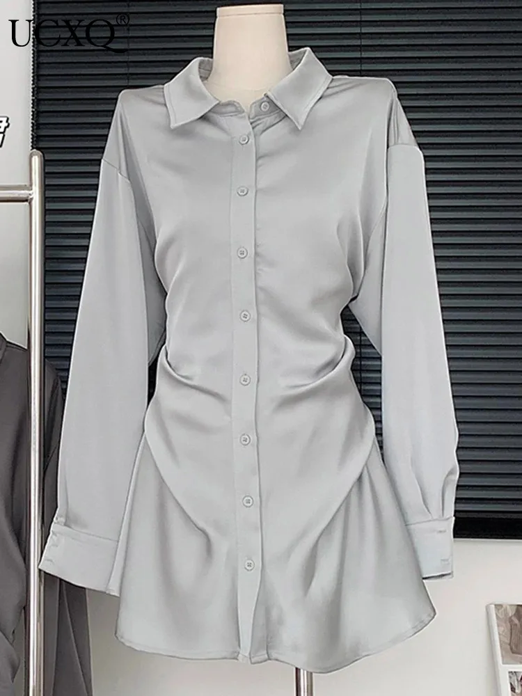 

UCXQ Gray Length Shirt For Women Side Pleated Slim Waist Long Sleeve Fashion Elegant Blouse Top 2023 Autumn Winter New 23A5700