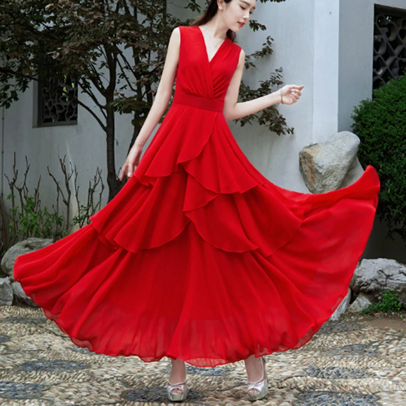 

2023 Summer Womens Red Chiffon elegant beach Long Dress Irregular Large Swing V-Neck Sleeveless Tank Beach Holiday Dress summer