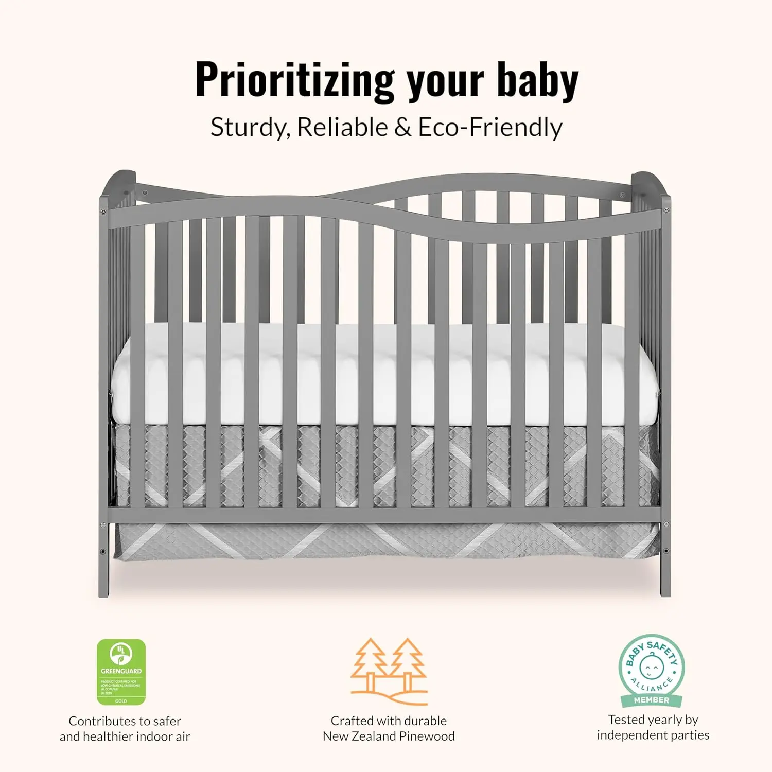 Chelsea 5-in-1 Convertible Full-Size Baby Crib in Steel Grey, GreenGuard Gold & JPMA, Pinewood, 4 Mattress Heights, Converts